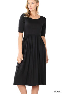 VISCOSE SHIRRING WAIST DRESS--BLACK