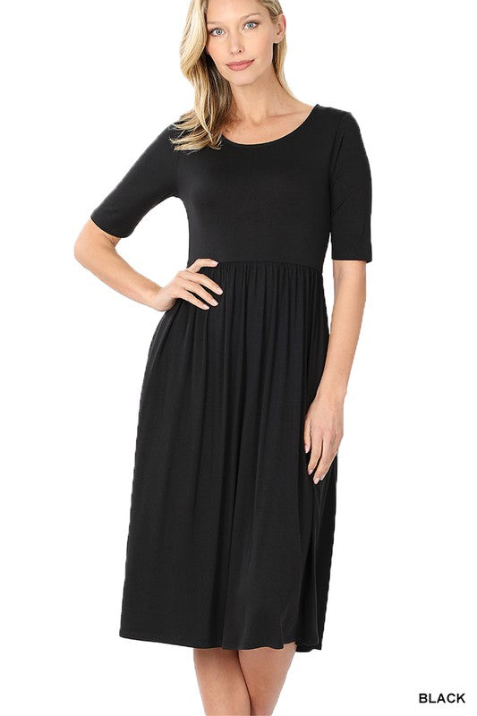 VISCOSE SHIRRING WAIST DRESS--BLACK