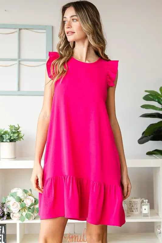Butterfly Sleeve Solid Woven Mini Dress-Hot Pink  Lilly Abigails Boutique