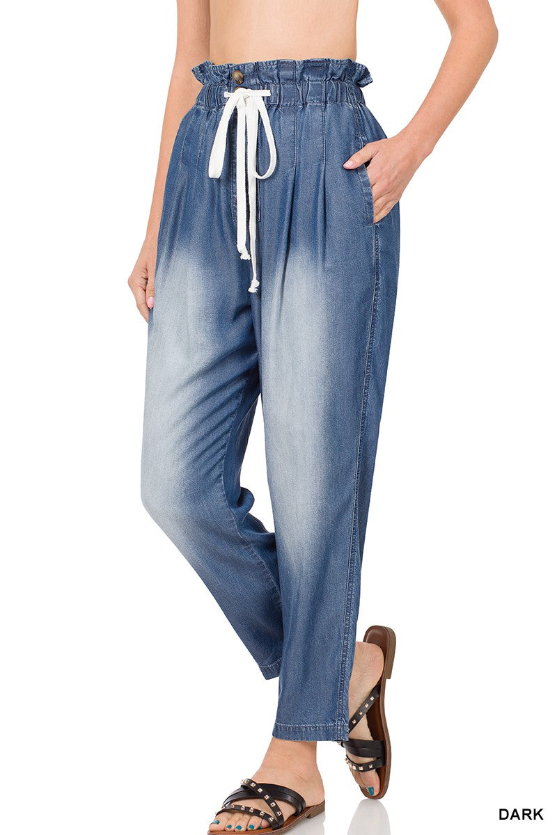 Zenana Chambray Drawstring Paperbag Waist Pants