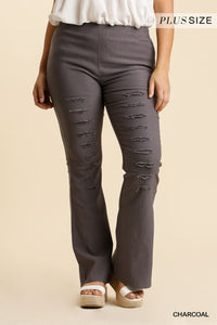 Umgee--Distressed Detail Elastic Waist Band Stretchy Flare Pants with Back Pockets--Charcoal