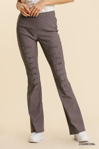 Umgee--Distressed Detail Elastic Waist Band Stretchy Flare Pants with Back Pockets--Charcoal