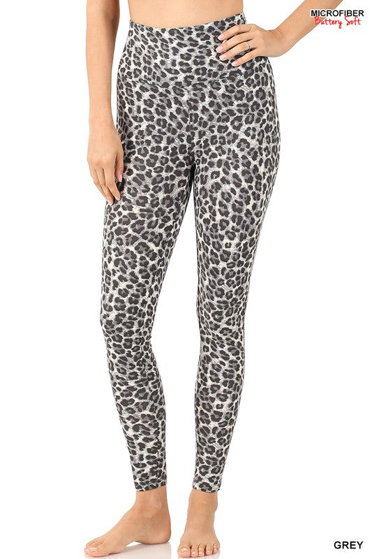 MICROFIBER LEOPARD HIGH WAISTBAND FULL LEGGINGS--GREY LEOPARD