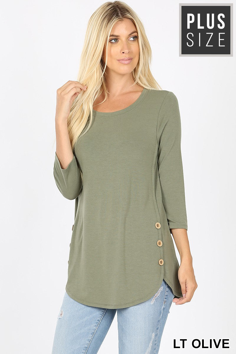 3/4 SLEEVE SIDE WOOD BUTTONS TOP--Light Olive
