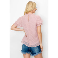 Load image into Gallery viewer, Swiss Dots Ruffle Trim Mock Neck Blouse--Pink
