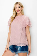 Load image into Gallery viewer, Swiss Dots Ruffle Trim Mock Neck Blouse--Pink
