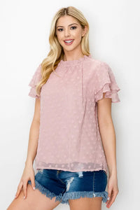 Swiss Dots Ruffle Trim Mock Neck Blouse--Pink