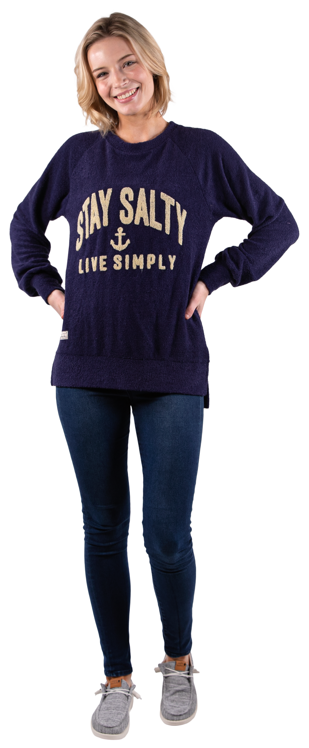 Classic Terry Crew Neck Pullover--Stay Salty--Navy