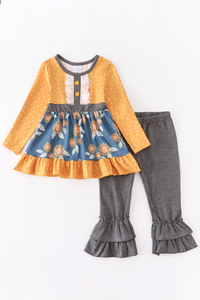 Mustard/Teal Floral Ruffle Set