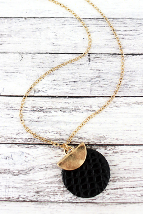 Goldtone Half Moon and Black Python Disk Necklace