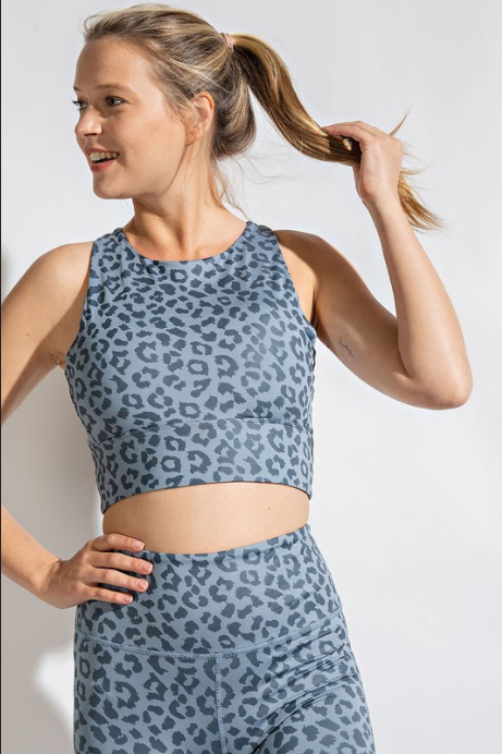 LEOPARD CHINTZ SPORTSBRA in Chambray **Available in Plus **Matching Leggings!