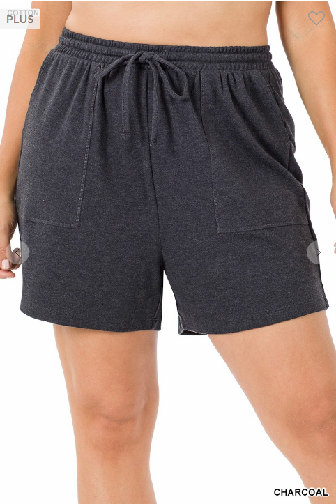 PLUS COTTON DRAWSTRING WAIST SHORTS WITH POCKETS- charcoal*Plus*