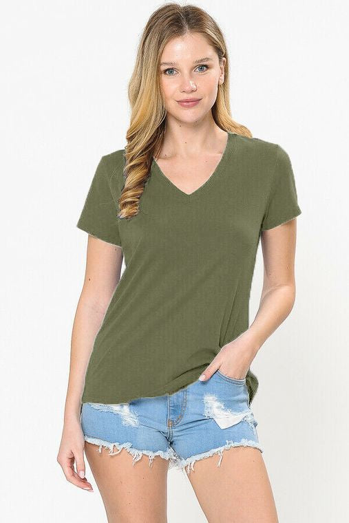 V-NECK LIGHTWEIGHT ELASTIC BASIC SHORT SLEEVE TEE SHIRT