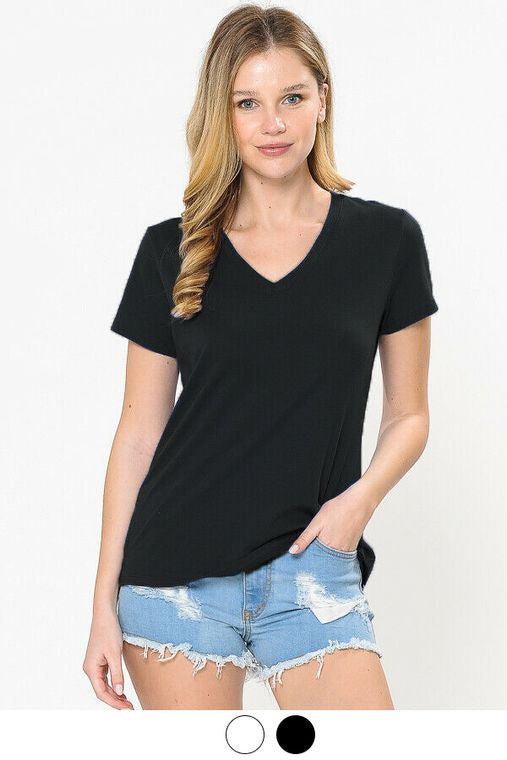 V-NECK LIGHTWEIGHT ELASTIC BASIC SHORT SLEEVE TEE SHIRT